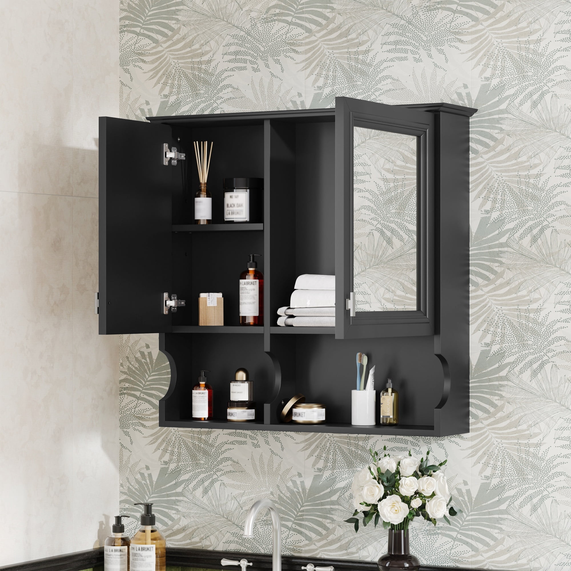 30 Inch Mirror Medicine Cabinet with Open Shelves, Wall Mounted Home Storage with Doors & Mirror, Adjustable Shelf, Bathroom Storage Cabinet over Toilet