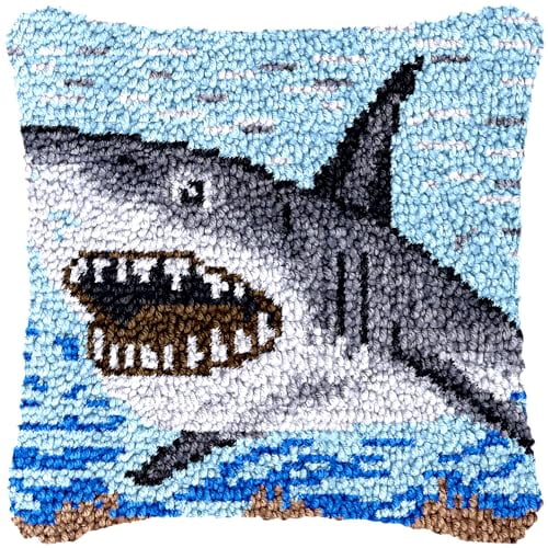 Shark Latch Hook Pillow Kits for Beginner Needle Crochet Yarn Kits with Stamped Canvas Embroidery Cushion Hook and Latch Throw Pillow Christmas Decoration 43x43cm
