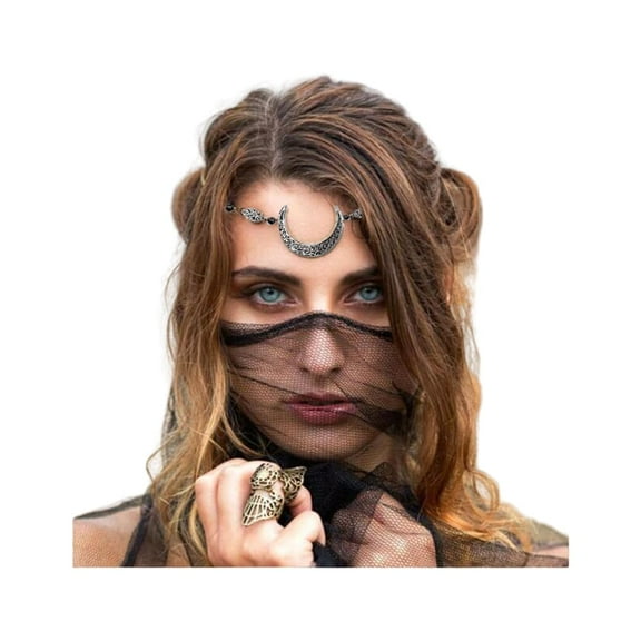 Boho Moon Head Chain Viking Crystal Crescent Moon Forehead Chain Halloween Circlet Headband Prom Party Festival Hair Accessories for Women(Retro silver)