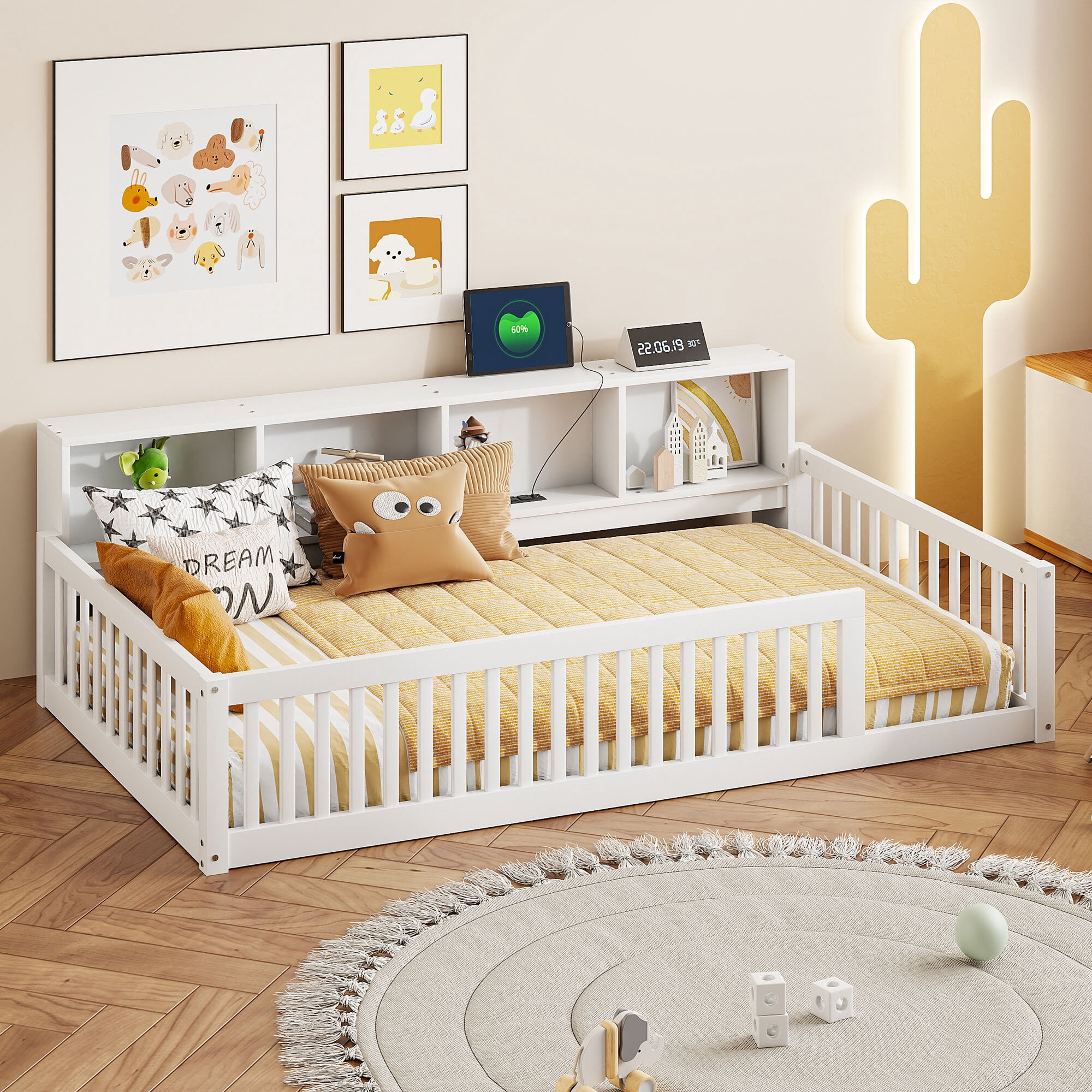 Euroco Wood Twin XL Platform Bed, Floor Bed with Storage and USB Ports, White