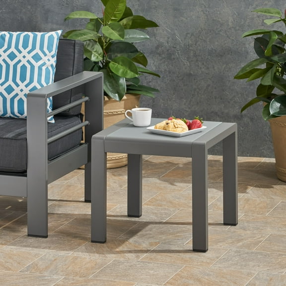 Miller Coral Outdoor Aluminum Side Table with Glass Top, Matte Gray and Gray Finish