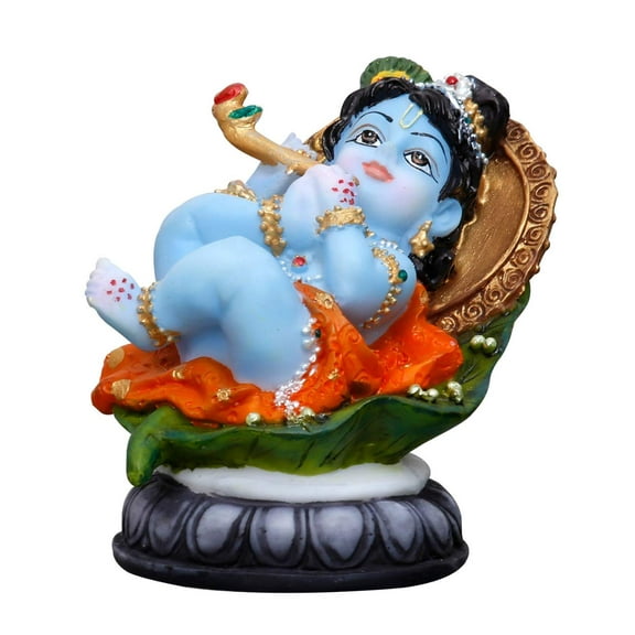 Sri Krishna Culture- Hand Crafted New Baby Krishna Murti On Leaf with Stage--Resin-Multicolour