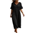 thumbnail image 2 of Ayolanni Short Sleeve Summer Dresses for Women 2026 V Neck Solid A-Line Maxi Dress Cotton Linen Daily Flowy Lightweight Long Dress with Ruffle Sleeve Black M, 2 of 9