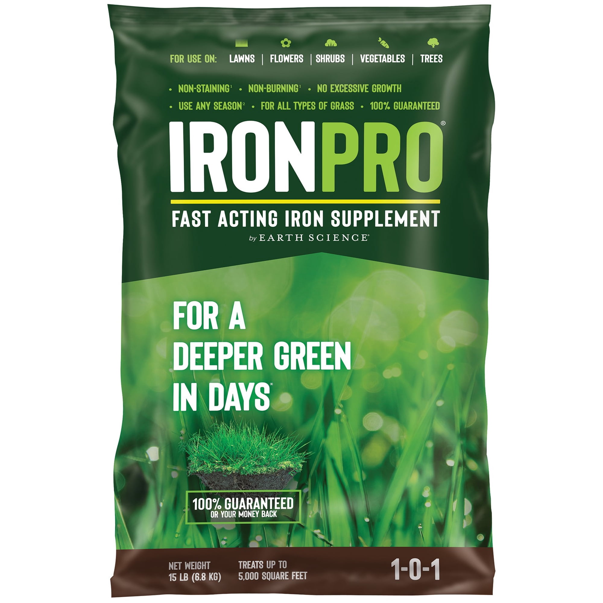 Earth Science IronPro Fast Acting Iron Supplement, 15 lb, Deep Green Results In Days, Use on Lawns, Flowers, Vegetables, & Shrubs, Non-Staining & Non-Burning