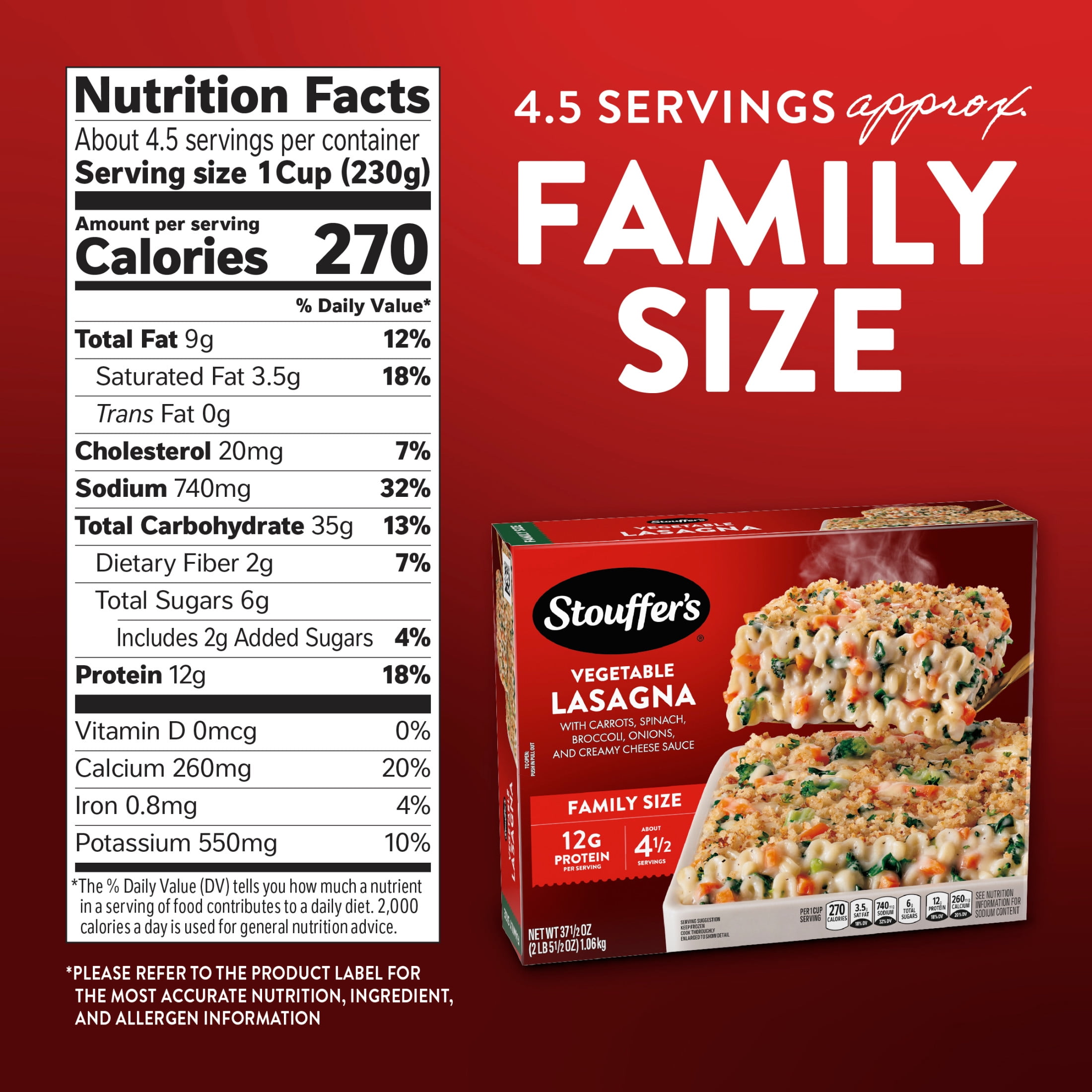 Stouffer’s Vegetable Lasagna, Family Size Lasagna, Easy Frozen Dinners 37.5 oz