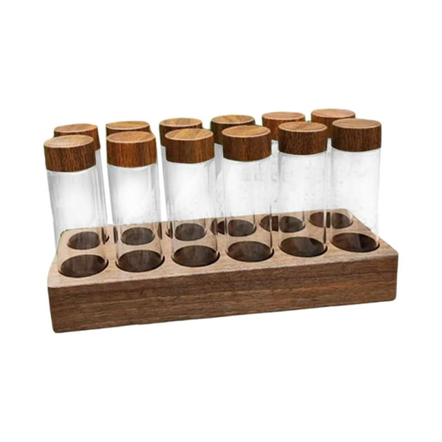 DOLITY Coffee Beans Jar with Shelf Food Storage Glass Bottle Airtight with Display Rack 12 Hole Brown