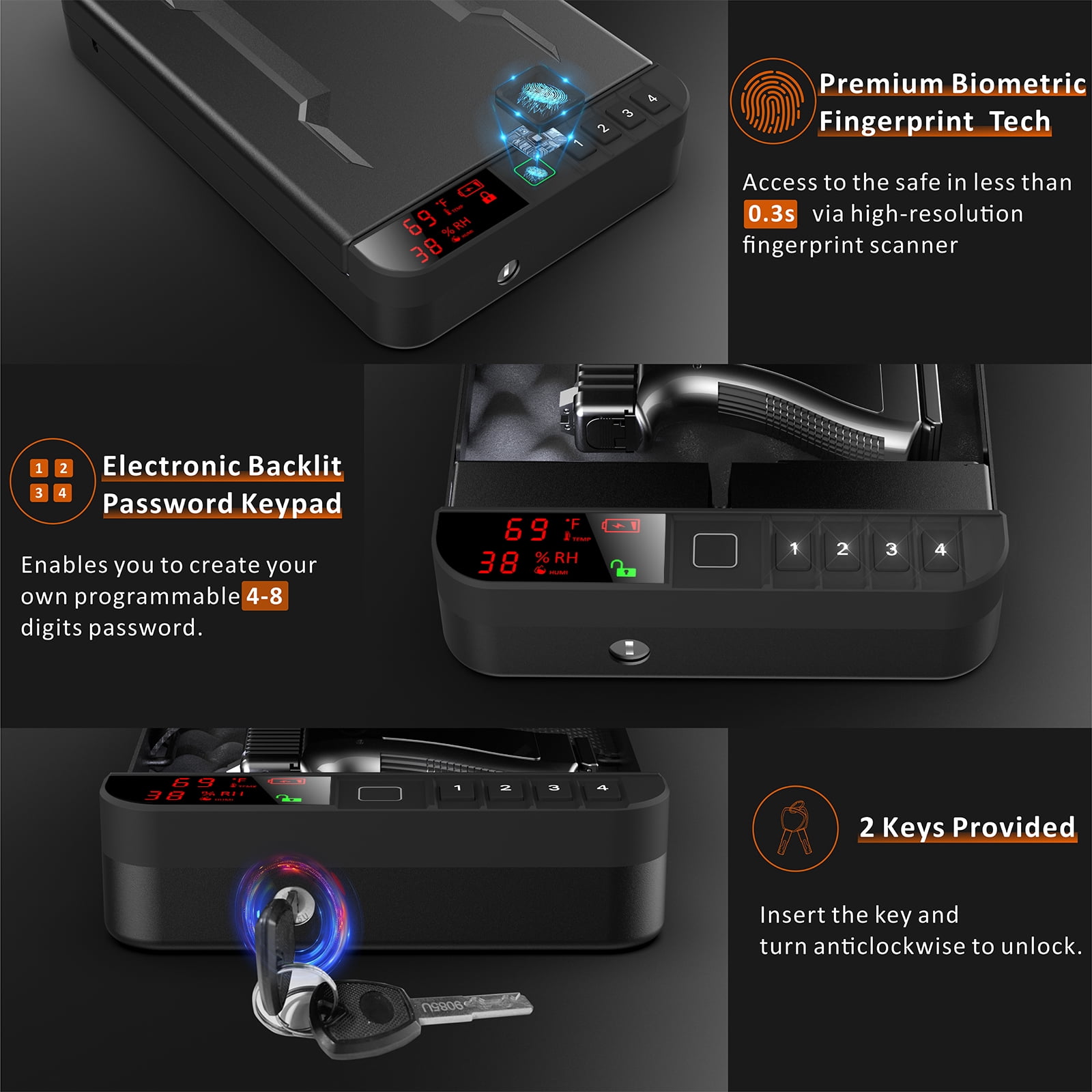Z ZLJUAN Portable Gun Pistol Safe with LCD Display of Temp,Humidity,Biometric Fingerprint,Keypad Lock,Key,Biometric Handgun Safe for Travel/Home/Car/Nightstand Beside