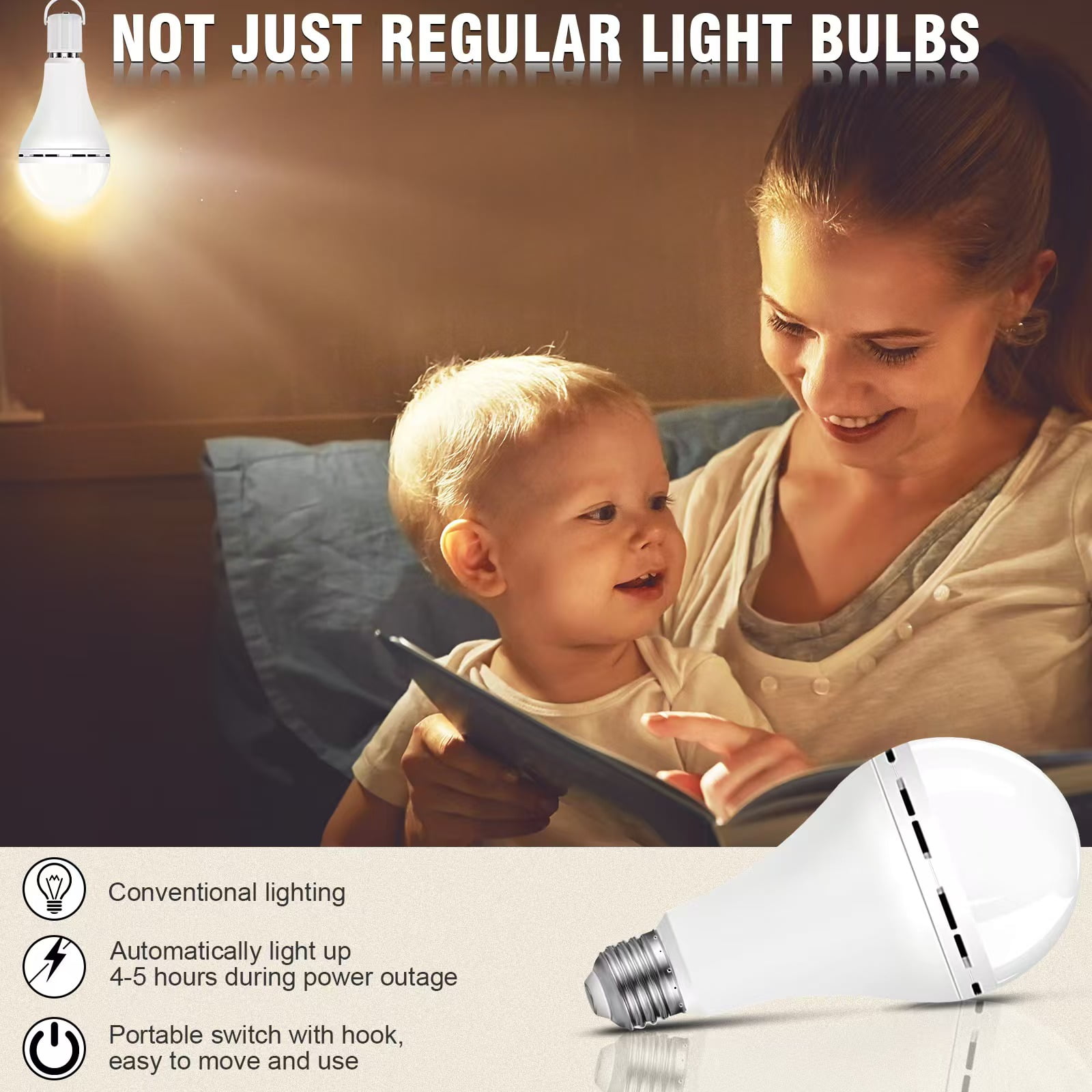Rechargeable Emergency Light Bulbs,Soft White 3000K,Battery Operated Light Bulb,Keep Lighting When Power Failure,1200mAh Battery,Work 4-5 hours,A21 9W E26/E27 Standard Bulb,6 Pack with Hook