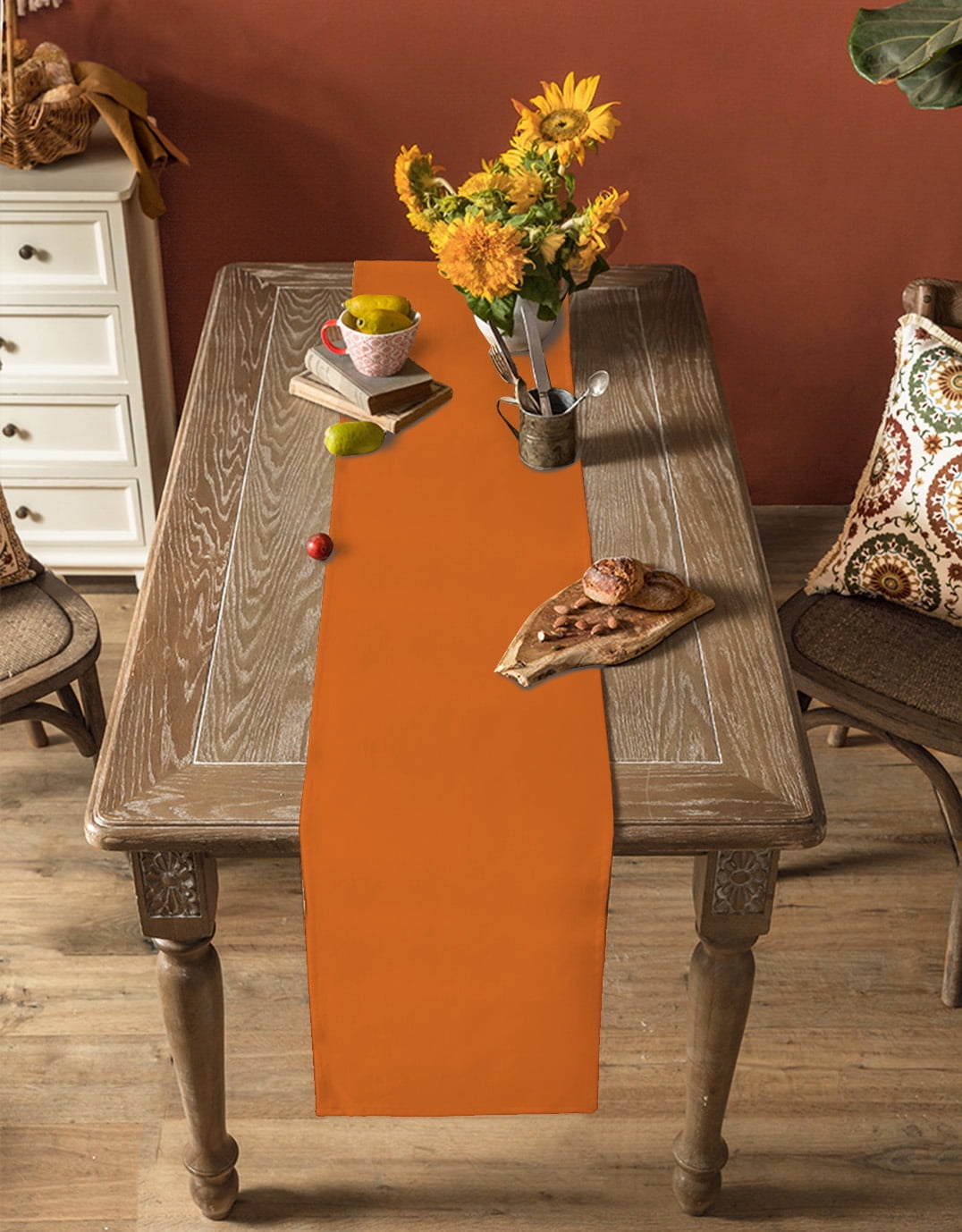 ERUNPONLY Orange Table Runner - 48 Inch Long Pure Orange Cotton and Linen Blended Dress Scarves Farmhouse Table Runner for Kitchen Dining, Coffee Table, 13" x 48"
