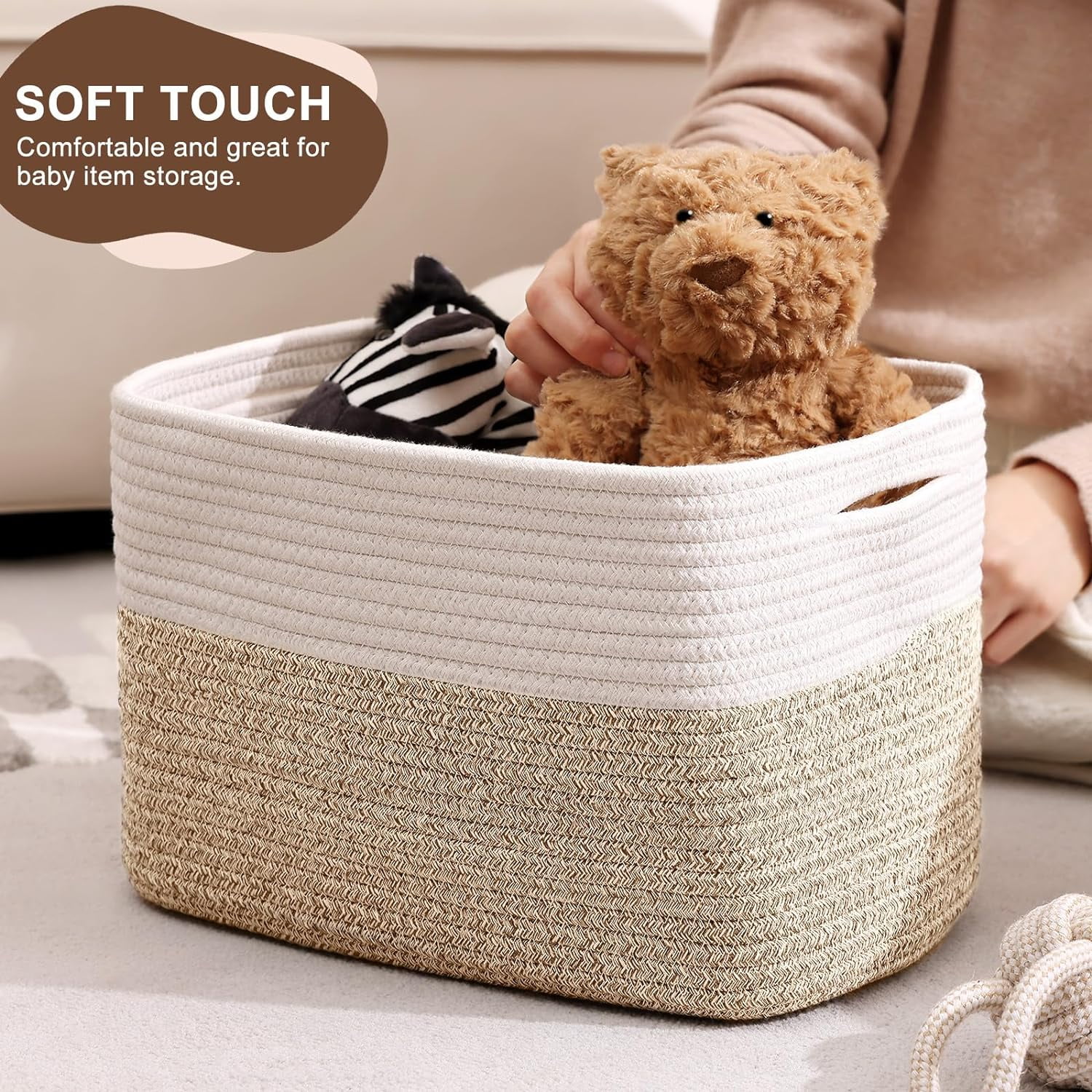 Baskets for Organizing - Cotton Rope Baskets for Shelves, 12” Decorative Woven Baskets for Storage, Organizer Bins for Living Room, Laundry, Bedroom, 4 Pack, White/Brown