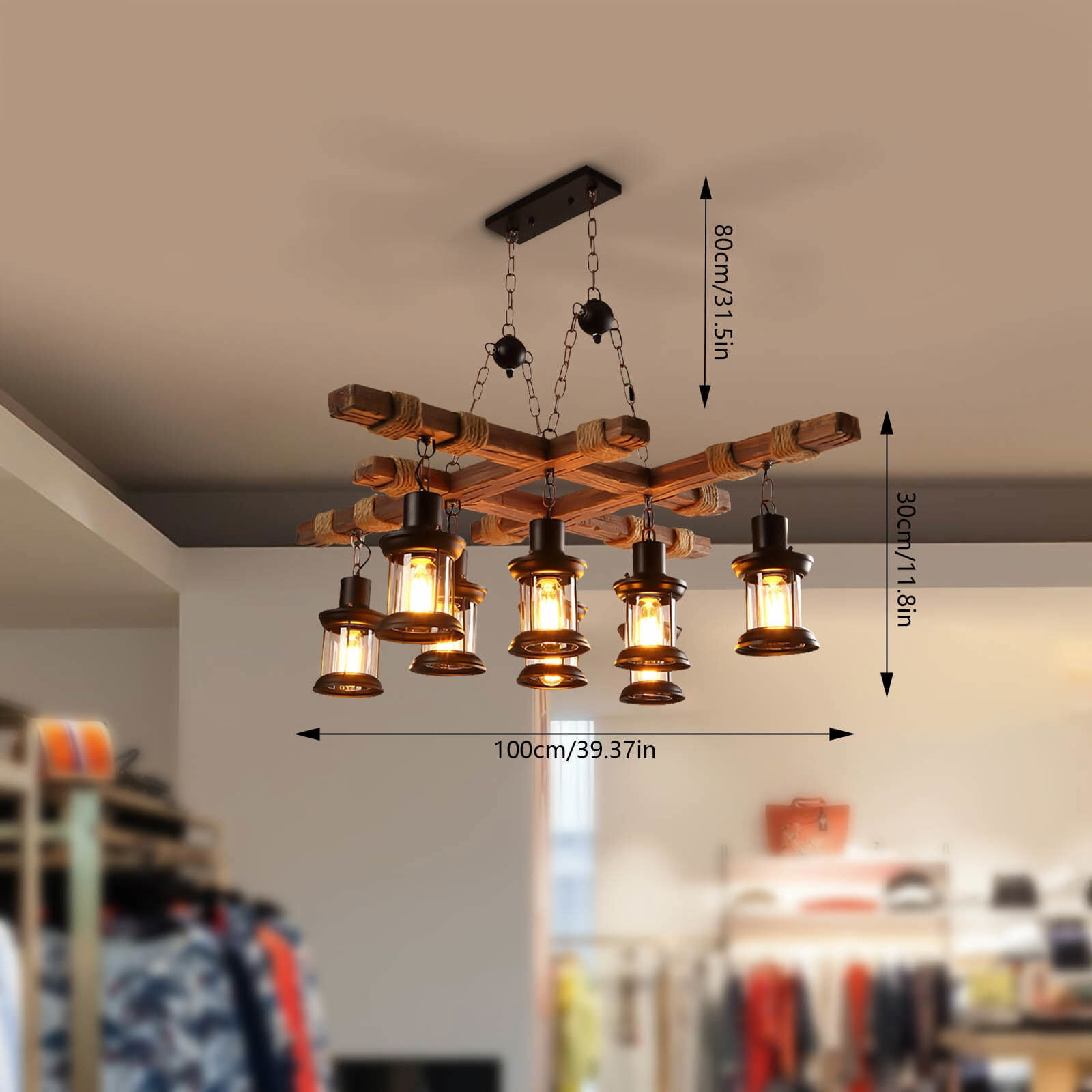Rustic Wood Pendant Light Wooden Light Fixtures, 8 Lights Height Adjustable Farmhouse Chandelier Vintage Pendant Hanging Ceiling Lamp for Dining Table, Vintage Kitchen, Bar, Island, Billiard