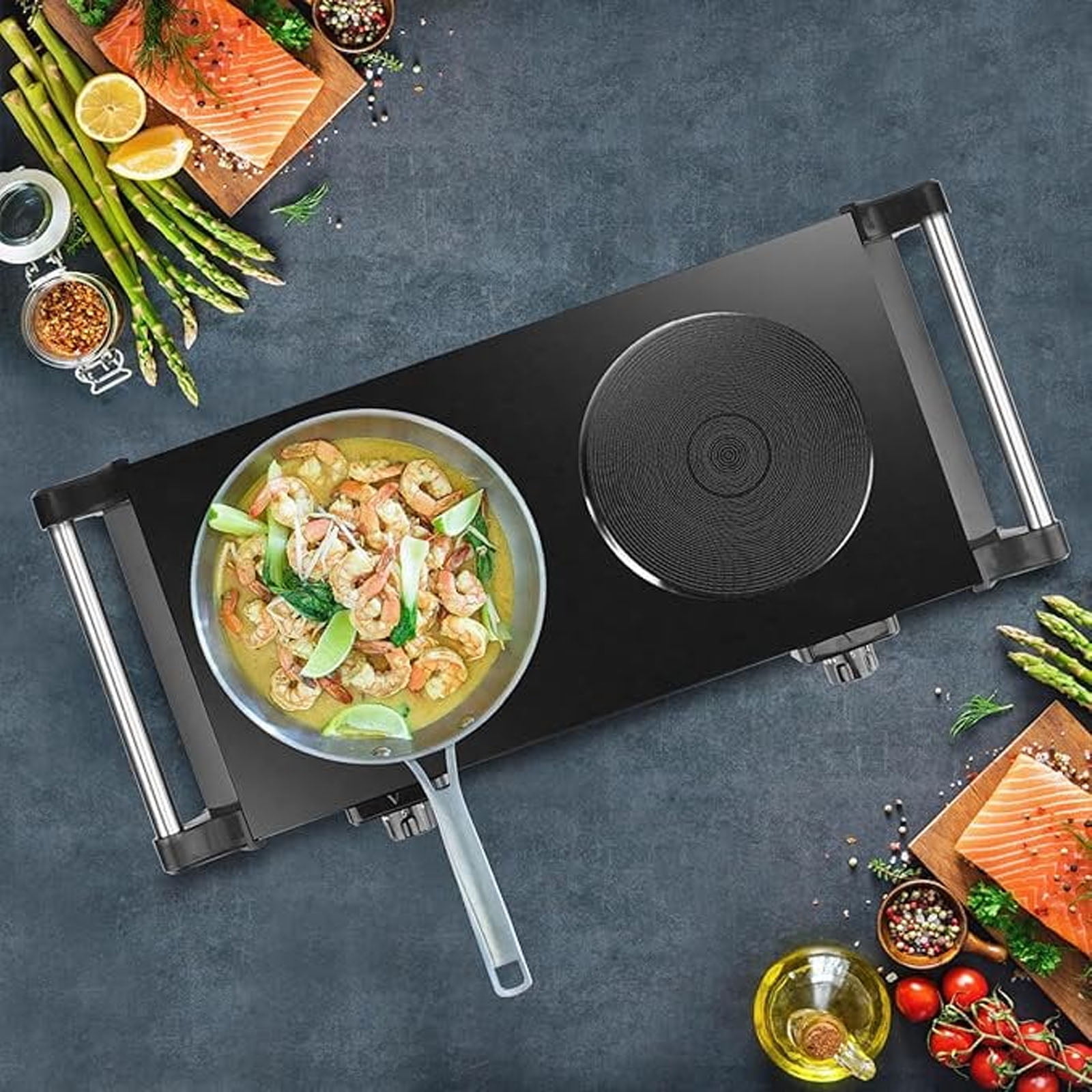 2000W Double Countertop Burner, Portable Electric Hot Plate and Stove with 5 Temperature Controls, Lightweight Burner Cooktop for Kitchen, Dorms, Apartments, RV, Black