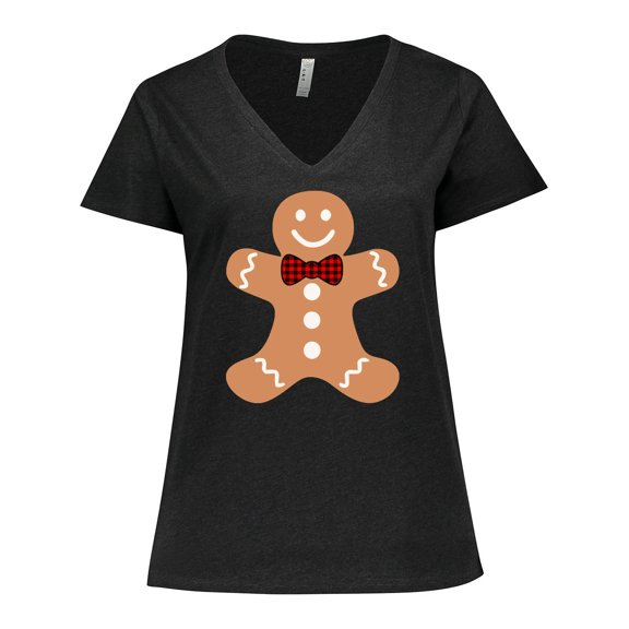 Inktastic Cute Gingerbread Man with Red Plaid Bowtie Women's Plus Size V-Neck T-Shirt