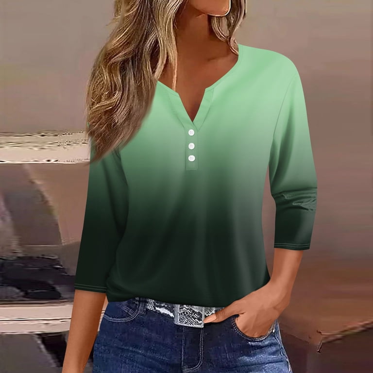 Xuboway 3/4 Length Sleeve Womens Tops 2025 Spring Henley Neck Casual Print Tunic T Shirts Three Quarter Length Womens Tops