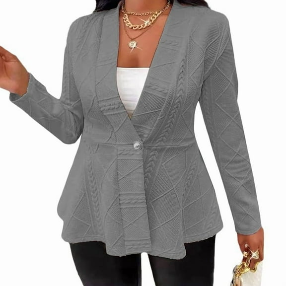 Women'S Plus Size Textured Button Down V Neck Ruffle Hem Jacket Grey S