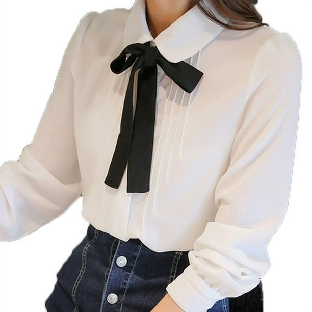 Bowknot Doll Collar Long Sleeve Chiffon Button Down Shirts Top Blouse 
