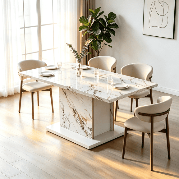 70" Modern Rectangular White Faux Marble Dining Table, Seats 4-6, Sturdy Base for Dining Room, Living Room & Kitchen