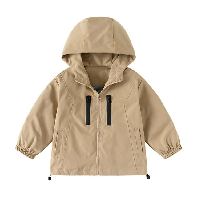 Boys' Windbreaker Jacket, Kids Zip up Hoodie Coat Transitional Late Spring/Early Fall Jackets with Hood and Pockets, Soft Inner Windbreakers, Khaki, 2-3 Years