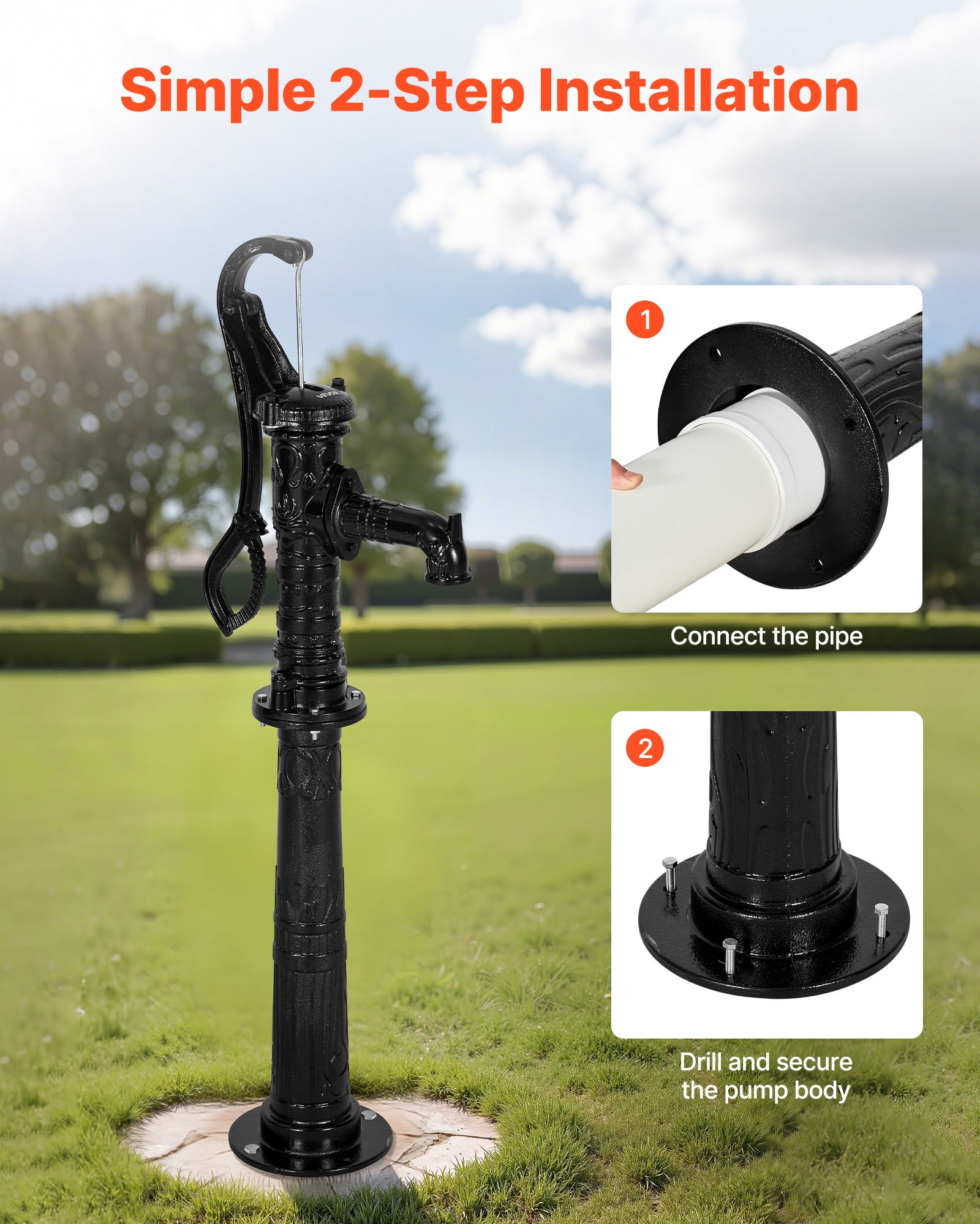VEVOR Well Hand Pitcher Pump, 20 ft Max Lift, Antique Cast Iron Manual Hand Water Pump with Heightening Base, NPT 1-1/4 in Connection, Easy Installation, for Outdoor Garden, Pond, Yard, Farm, Black