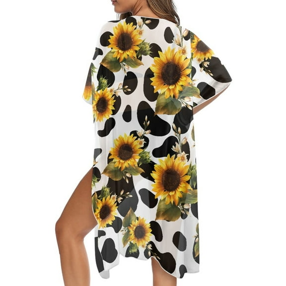 DISNIMO Cow Sunflower Print Women's Kimono Cover Up Casual Loose Summer Beach Coverups Open Front Cardigan Swimsuit Cover ups Long Half Sleeve Resort Wear
