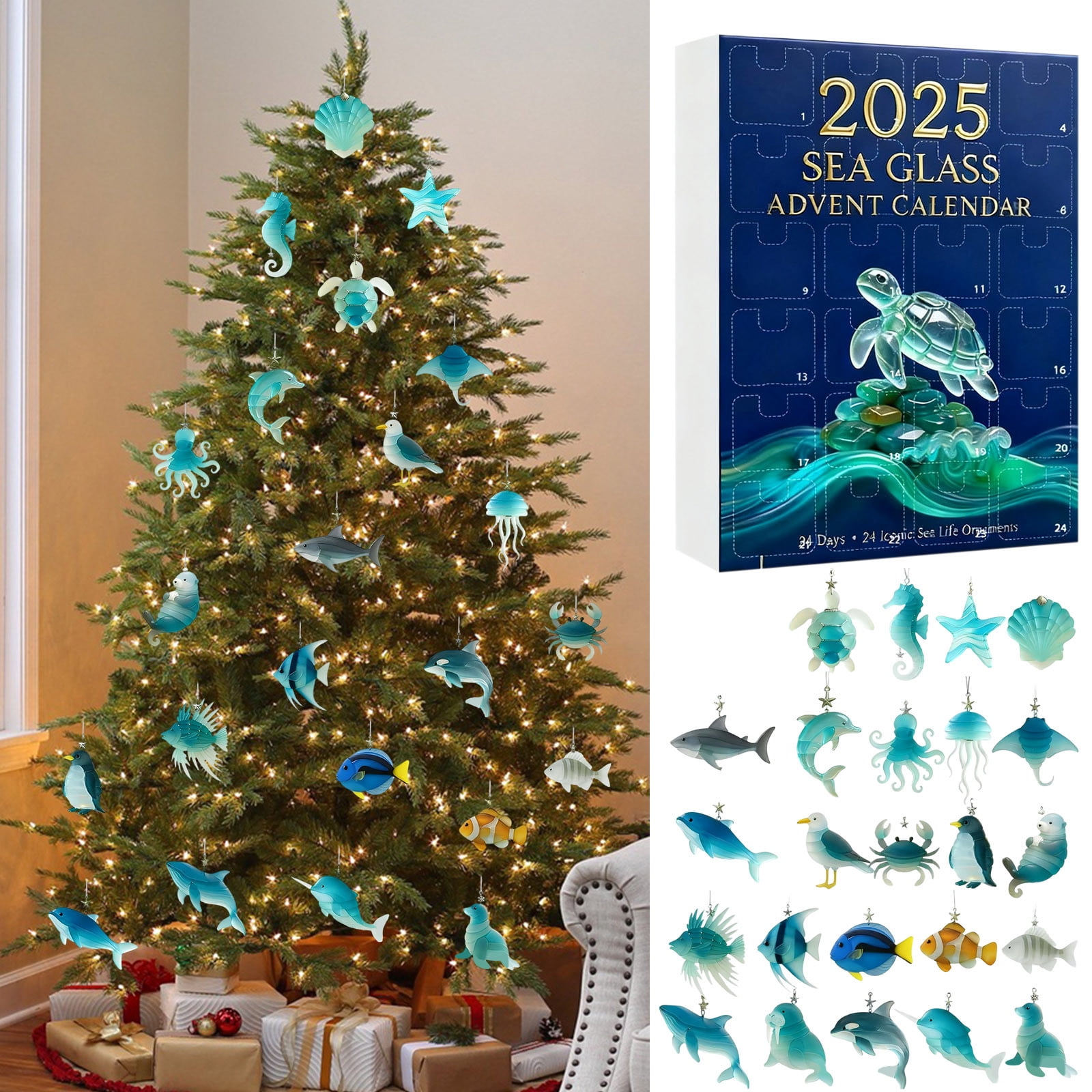 Lunxisen 1 Pcs Sea Glass Life Advent Calendar Christmas Countdown Calendar With Realistic Animals Decoration.