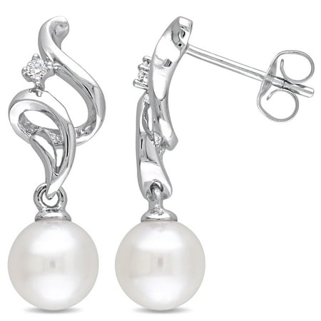 Miabella 7-7.5mm White Cultured Freshwater Pearl and Diamond-Accent 10kt White Gold Drop Earrings