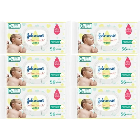 Johnson's Cotton Touch Baby Wipes for Sensitive Skin, 56 Wipes (Pack of 6)