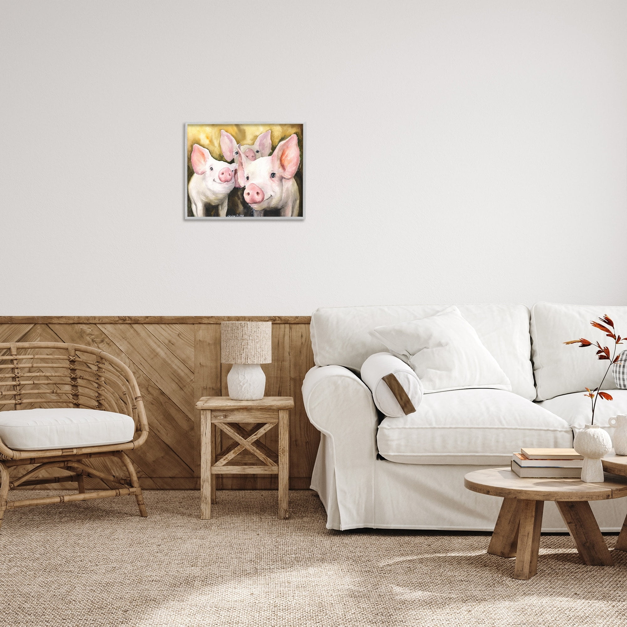 Stupell Industries Baby Pigs Animal Yellow Watercolor Painting Gray Framed Art Print Wall Art, 16x20, by George Dyachenko