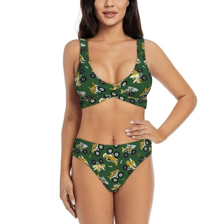Zeuib Cartoon Car High Waisted Tummy Control Bikini Set - Knot Front Push Up Top & Cheeky Thong Bottom  Two-Piece Swimsuit for Women-X-Large