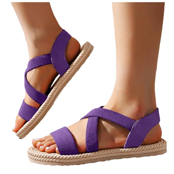 Sandales Plates d'Été pour Femmes Légères à Bout Ouvert à Bride Arrière Sandales de Plage Confortables Antidérapantes avec Bride Élastique à la Cheville Chaussures de Marche Violet Taille 9,5