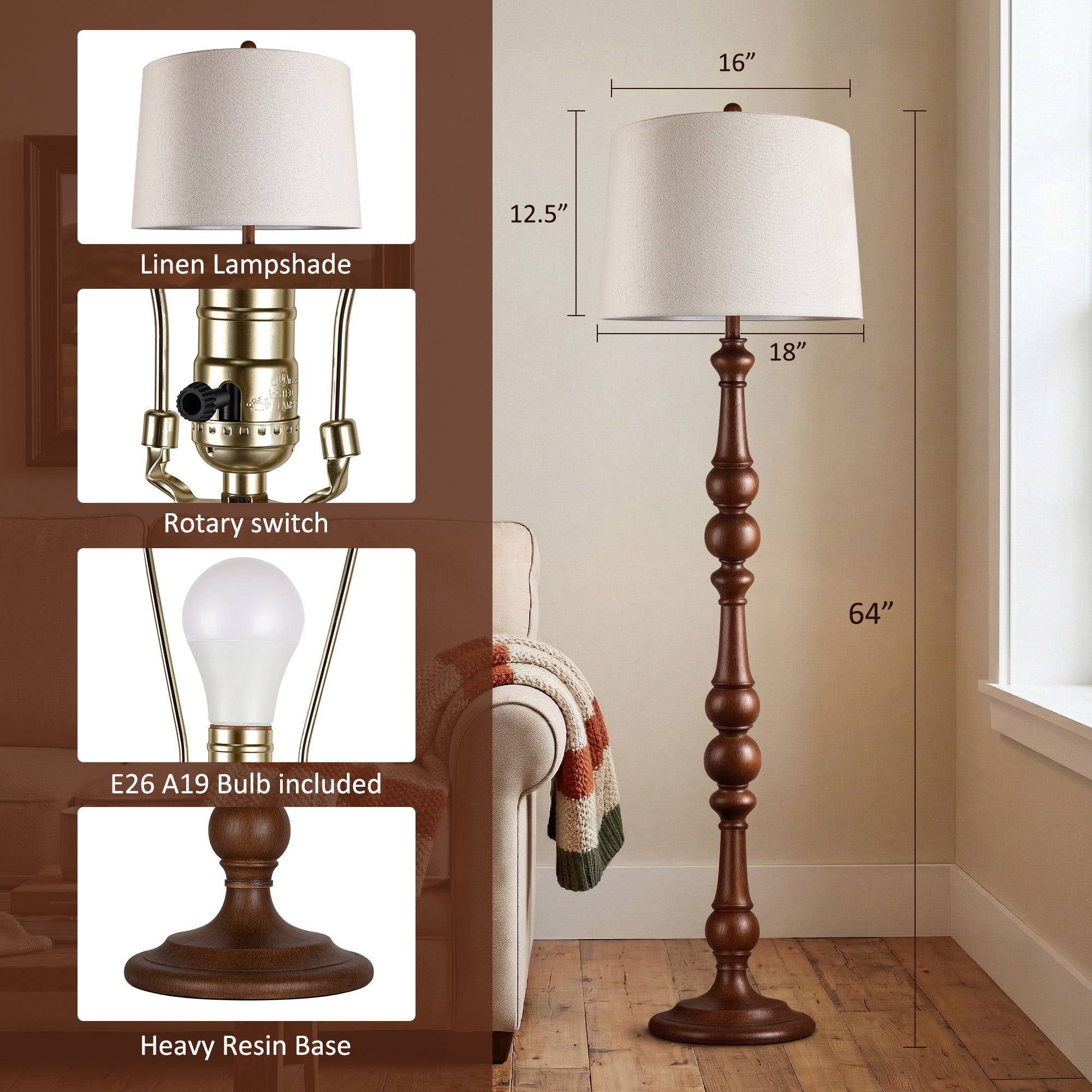 64” Vintage Spindle Floor Lamp for Living Room, Mid-Century Tall Standing Lamp with Drum Linen Shade for Bedroom, Office(Bulb Included)
