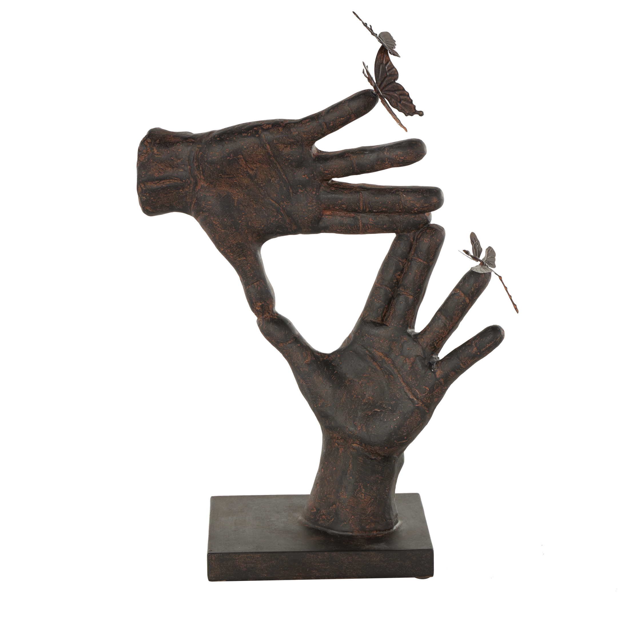 11" x 16" Dark Brown Polystone Sign Hands Sculpture with Butterrfly Accents, by DecMode