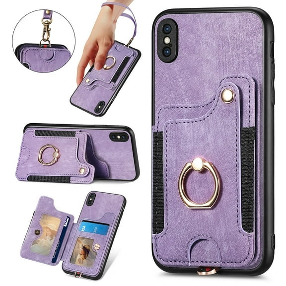 Nalacover For iPhone XS Max Case Ring Holder Kickstand with Credit Card Holder, Back Flip Premium Leather Magnetic Clasp Removable Wirst Hand Strap Cover For iPhone XS Max, Purple