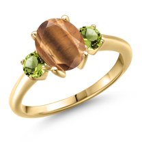 Gem Stone King 18K Yellow Gold Plated Silver Brown Tiger Eye and Green Peridot Engagement Ring for Women | 2.10 Cttw | Oval 9X7MM | Gemstone Birthstone | Size 8