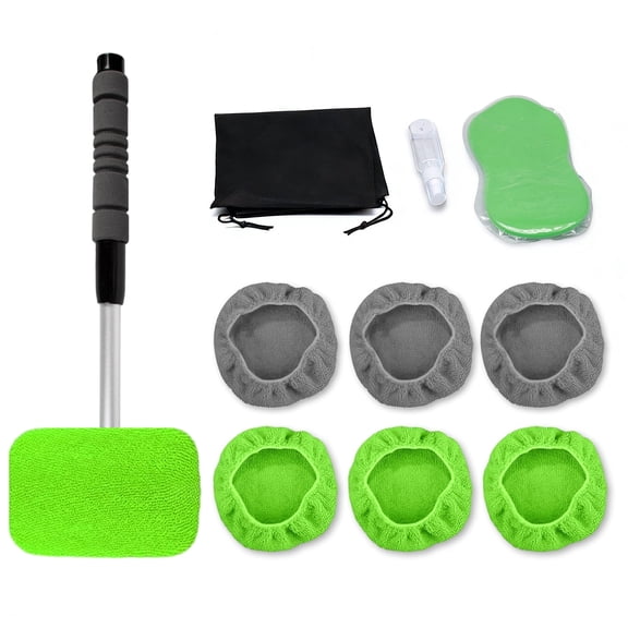 Windshield Cleaning Tool, Car Window Cleaner Windshield Cleaner with 7 Reusable and Washable Microfiber Pads and Extendable Handle Auto Inside Glass Wiper Kit (17 inch)