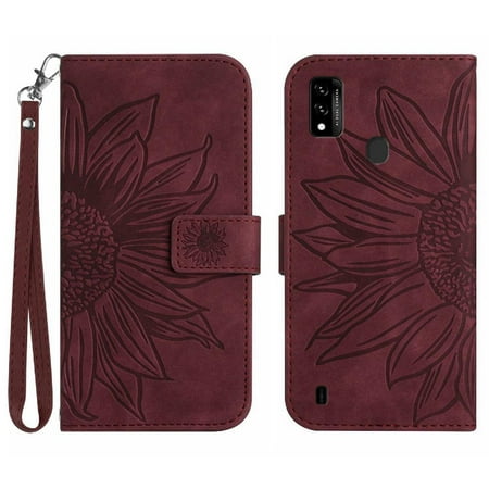 Case for ZTE Blade A51/A7P Short Strap Luxury PU Leather With Card Slots Holder Embossed Sunflower Flip Wallet Phone Case