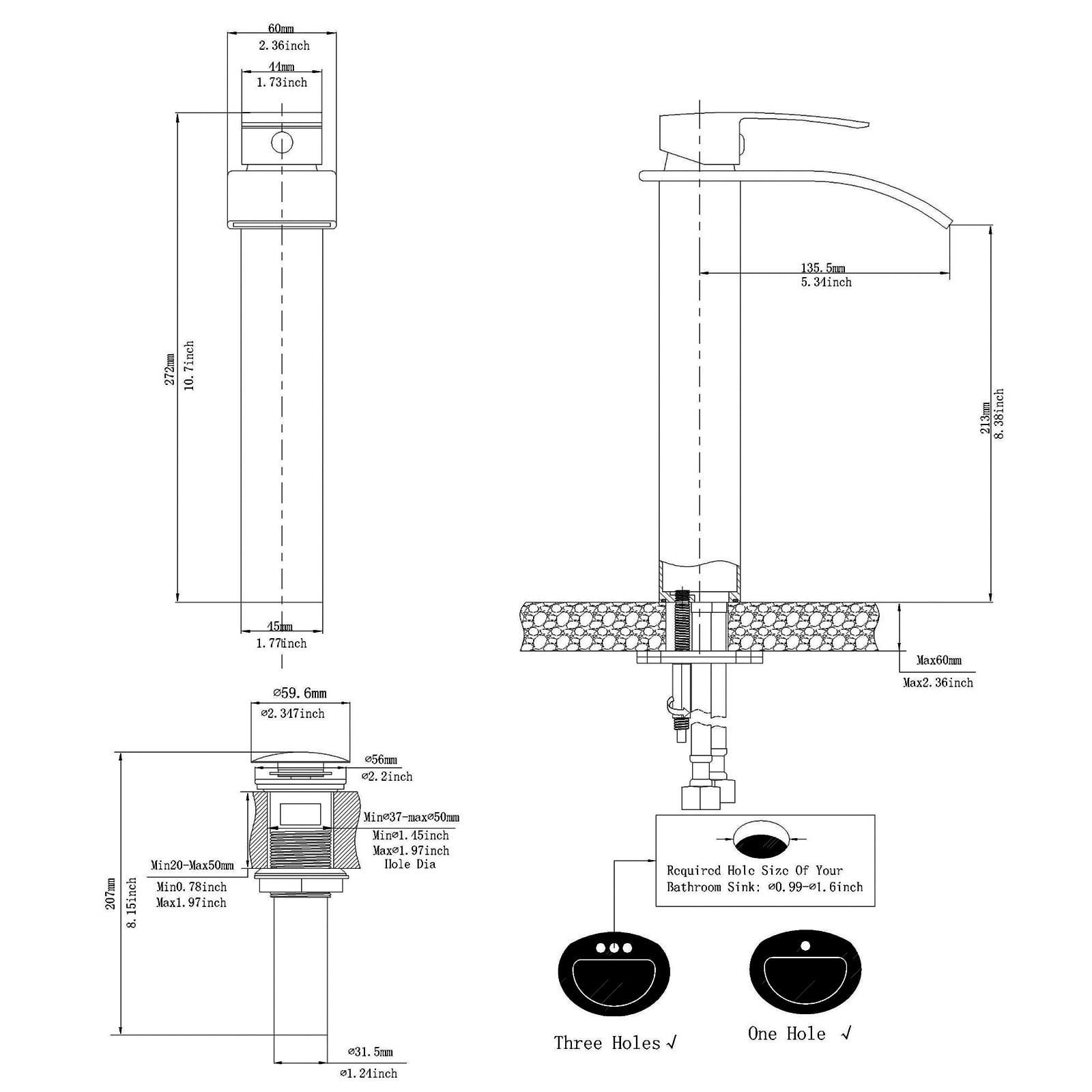 BWE Vessel Sink Faucet Modern Waterfall Oil Rubbed Bronze Single Hole Bathroom Faucet Single Handle with Pop up Drain Without Overflow Assembly Vanity Basin Bath Sink Faucets Mixer Tap