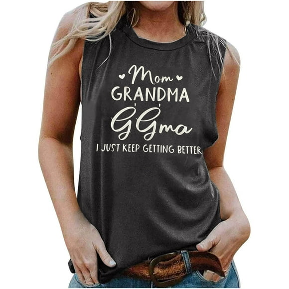 Meichang Womens Mom Grandma Ggma I Just Keep Getting Better Tank Tops Cute Funny Letter Graphic Sleeveless Shirts Summer Crew Neck Loose Fit Pullover T Shirts Vest Tops Dark Gray S