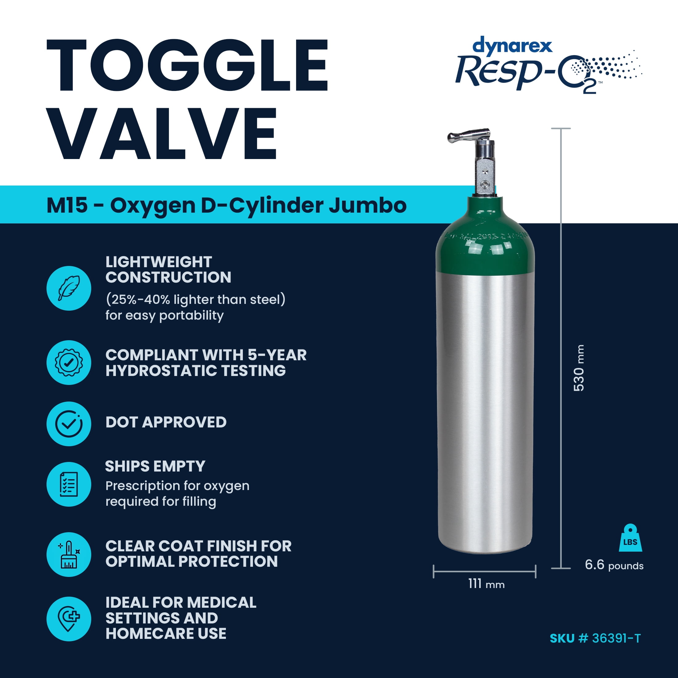 Dynarex Resp-O2 M15 Oxygen D-Cylinder with CGA 870 Toggle Valve – 2.9L Jumbo Size Oxygen Cylinder - Lightweight Aluminum Portable Tank with 425L Oxygen Capacity