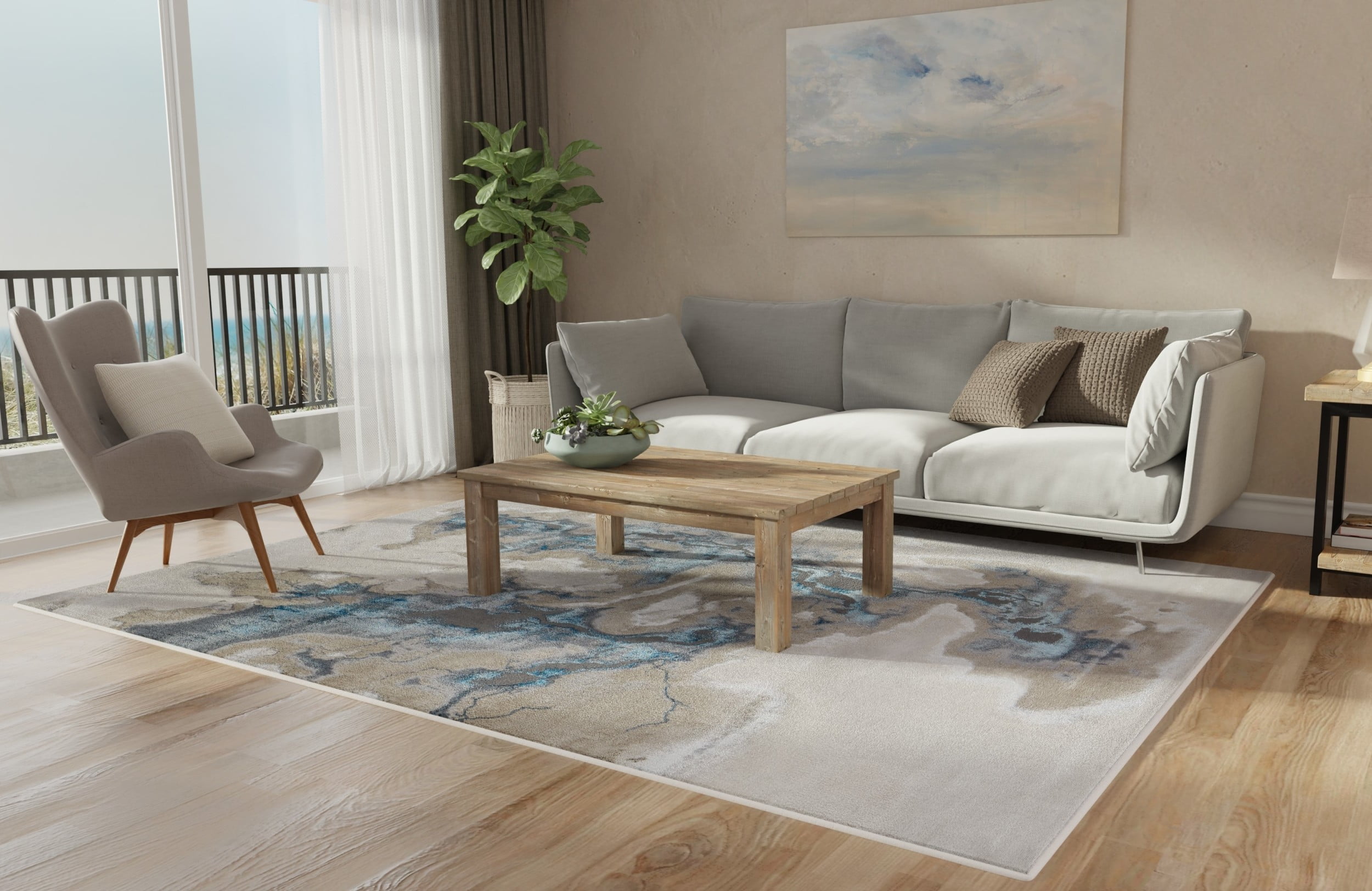 Feizy Jewel Modern Abstract, Taupe/Blue/Tan, 7'10" x 10' Area Rug Easy Care Stain Resistant Fade Resistant Bohemian & Eclectic Watercolor Floor Rug for Living room Bedroom