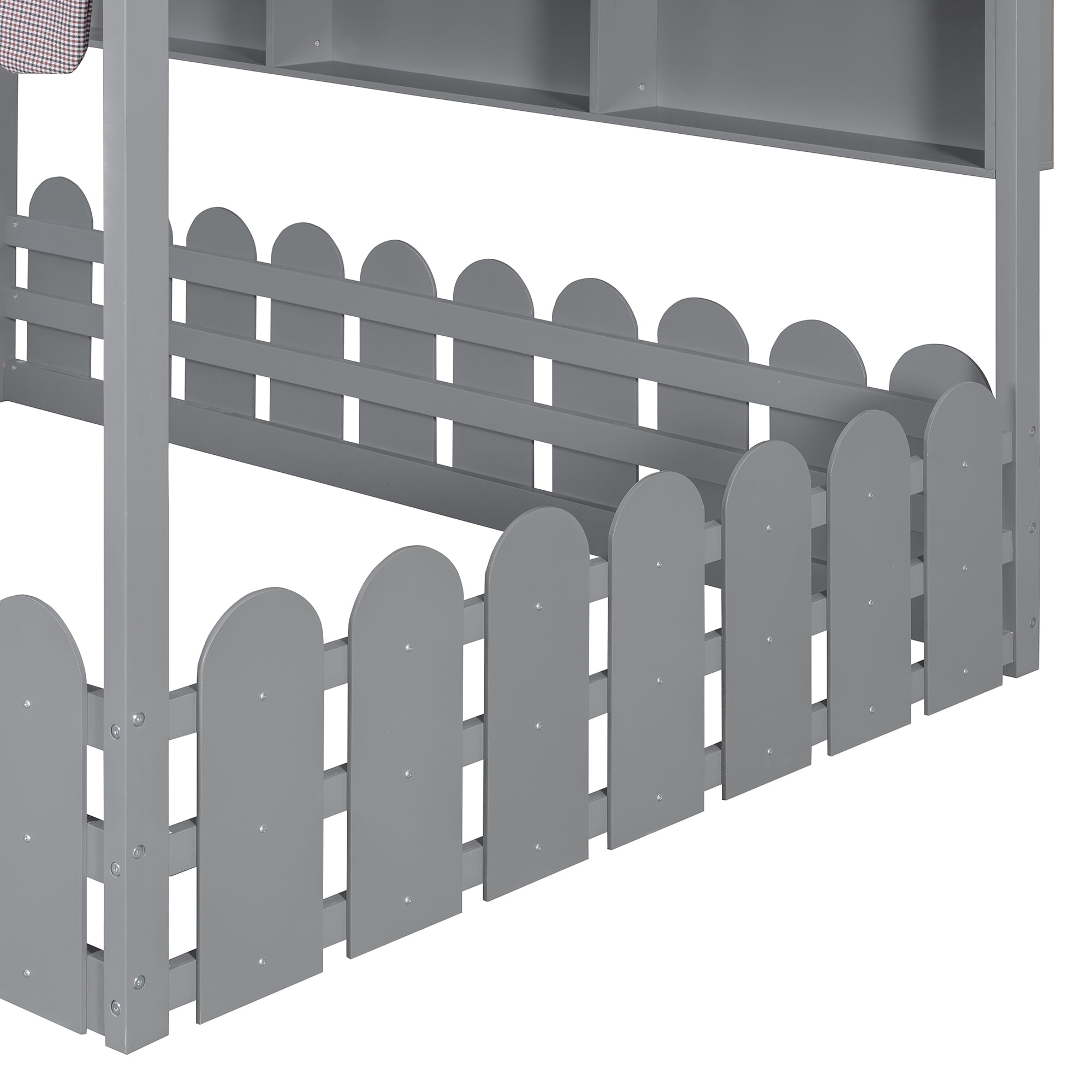 Aukfa Full Size House Bed with Fence and Tent for Kids, Wooden Montessori Bed with LED Lights & Storage Shelves for Toddler Boys and Girls Bedroom, Gray