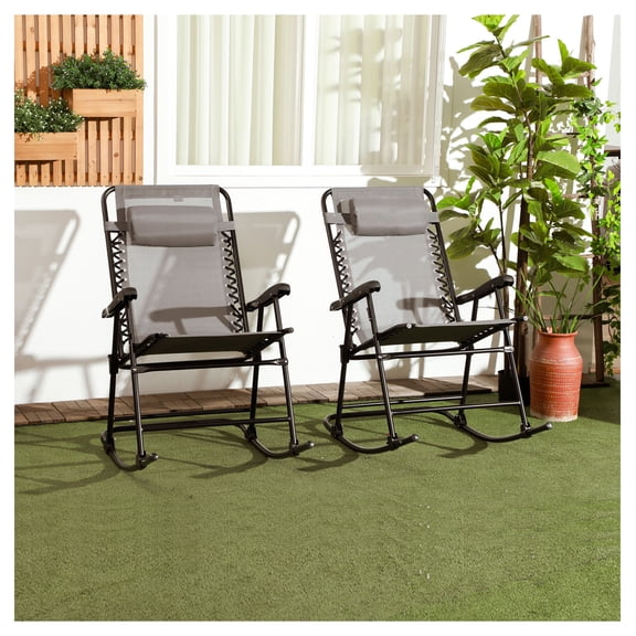Outdoor Rocking Chair Set of 2, Folding Patio Lawn Rockers with Headrests - Gray