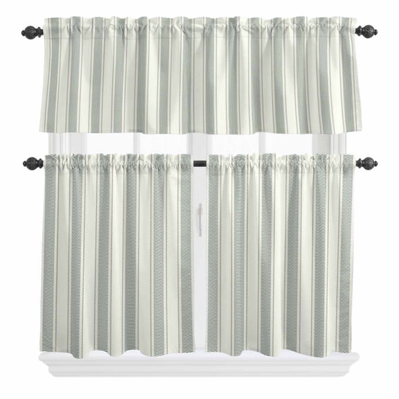 3 Piece Kitchen Curtains and Valances Set Green Stripe Cafe Curtains 36 Inch Length Modern Farmhouse Geometric Striped Valance & Tier Curtain for Living Room Bedroom Small Window 54"x18" 27"x36"*2