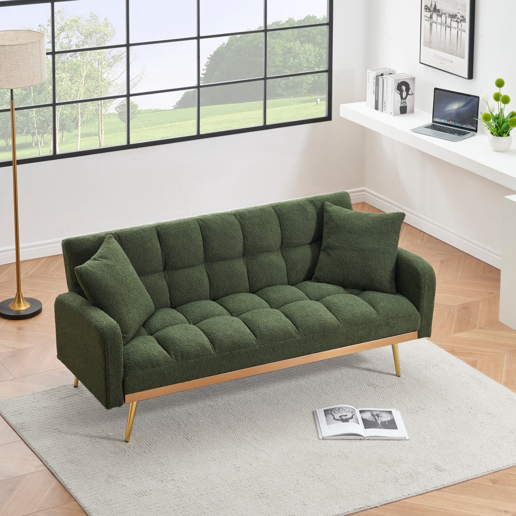69" Sofa Bed, Adjustable Teddy Fabric Sleeper Sofa Couch with Removable Armrests for Living Room Bedroom, Green