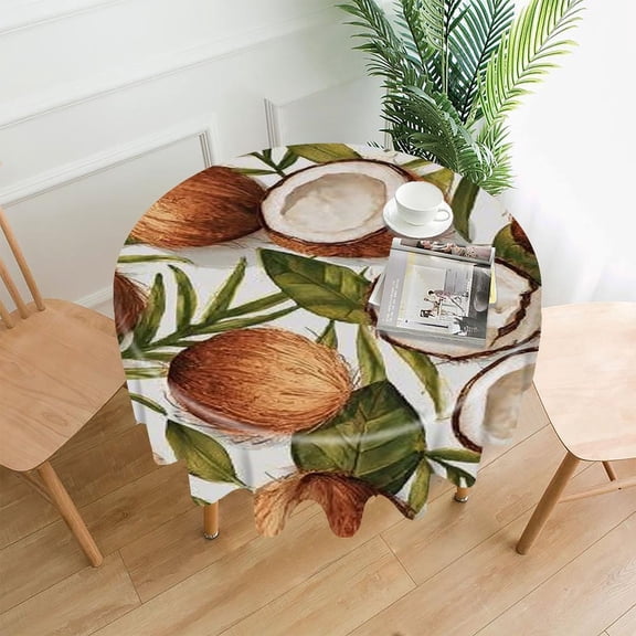 RKSupls 60 Inch Round Tablecloth, Coconuts Leaves Pattern Premium Polyester Straight Edge Wrinkle Resistant Washable Table Cover for Party Home Dining Decor