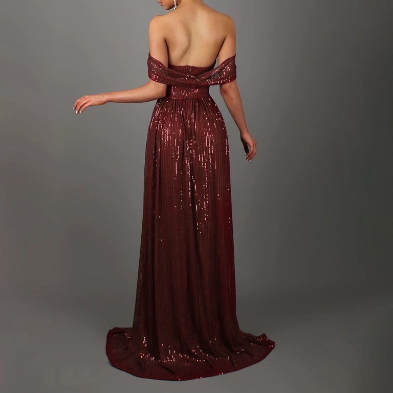 XFLWAM Women's Off The Shoulder Bridesmaid Dress Sequin Ruched Formal  Evening Gown Long Prom Dress with Slit Red XL - Walmart.com