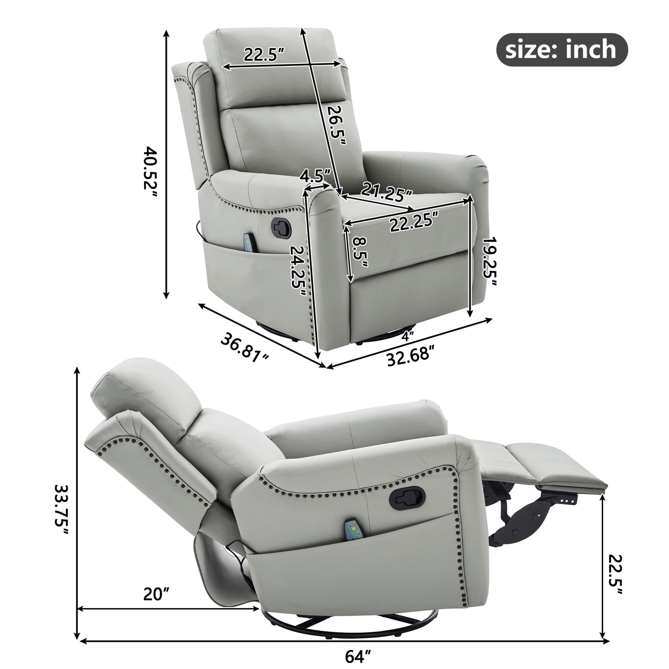 Christopher Knight Home Manual Swivel Rocking Massage Recliner Chair with Heating, Gray