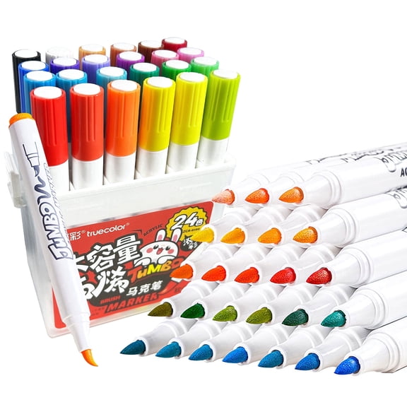 Truecolor 24 Colors Soft Tip Acrylic Paint Markers, High Capacity Ink for Canvas Coloring