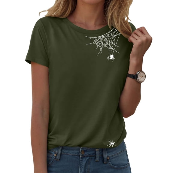 Landzoo Halloween Women'S T-Shirt Spider Web Minimal Print Short Sleeve Round Neck Tops Party Casual Women Tees Size L Army Green