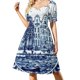 thumbnail image 1 of Azul holandés de Delft: vestido de manga corta con estampado de barcos antiguos en el canal de Ámsterdam, vestido largo de verano para mujer., 1 of 7